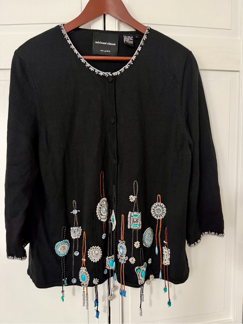 Michael Simon Black Button-Front Top with Turquoise & Silver Embellishments
